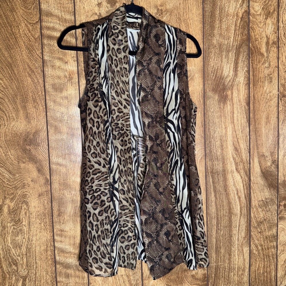 Susan Graver Mixed Animal Print Vest Sleeveless Open Front Leopard Zebra Brown S
